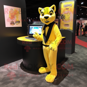 Lemon Yellow Panther mascot costume character dressed with a Tuxedo and Anklets