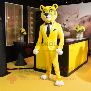 Lemon Yellow Panther mascot costume character dressed with a Tuxedo and Anklets