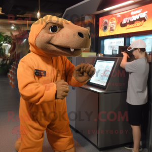 Rust Komodo Dragon mascot costume character dressed with a Long Sleeve Tee and Watches