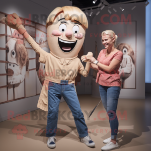 Beige Knife Thrower mascot costume character dressed with a Mom Jeans and Ties