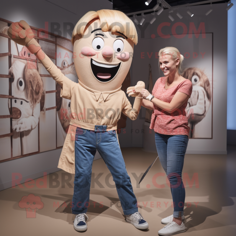 Beige Knife Thrower mascot costume character dressed with a Mom Jeans and Ties Beige Knife Thrower mascot costume character dressed with a Mom Jeans and Ties
