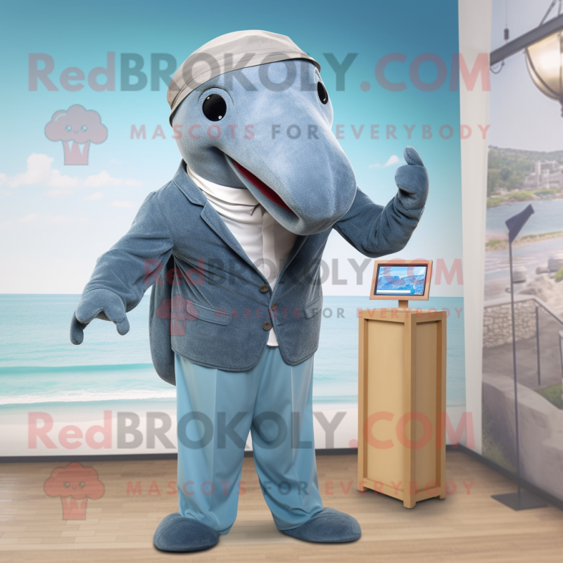 Gray Whale mascot costume character dressed with a Romper and Tie pins