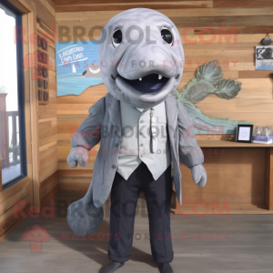 Gray Whale mascot costume character dressed with a Romper and Tie pins