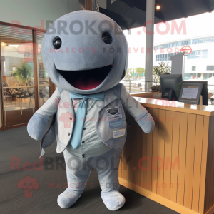 Gray Whale mascot costume character dressed with a Romper and Tie pins