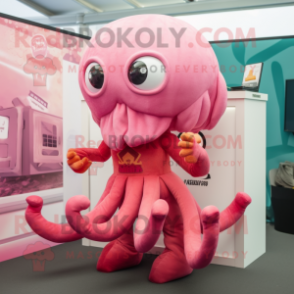 Pink Kraken mascot costume character dressed with a Playsuit and Earrings