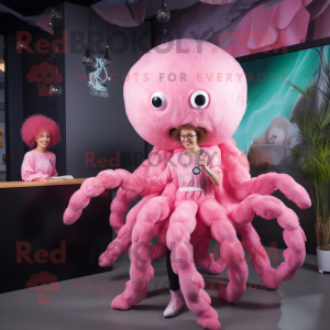 Pink Kraken mascot costume character dressed with a Playsuit and Earrings