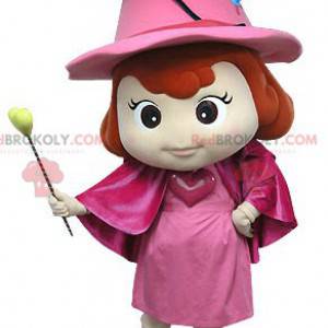 Mascotte fata rosa con un cappello e una bacchetta -