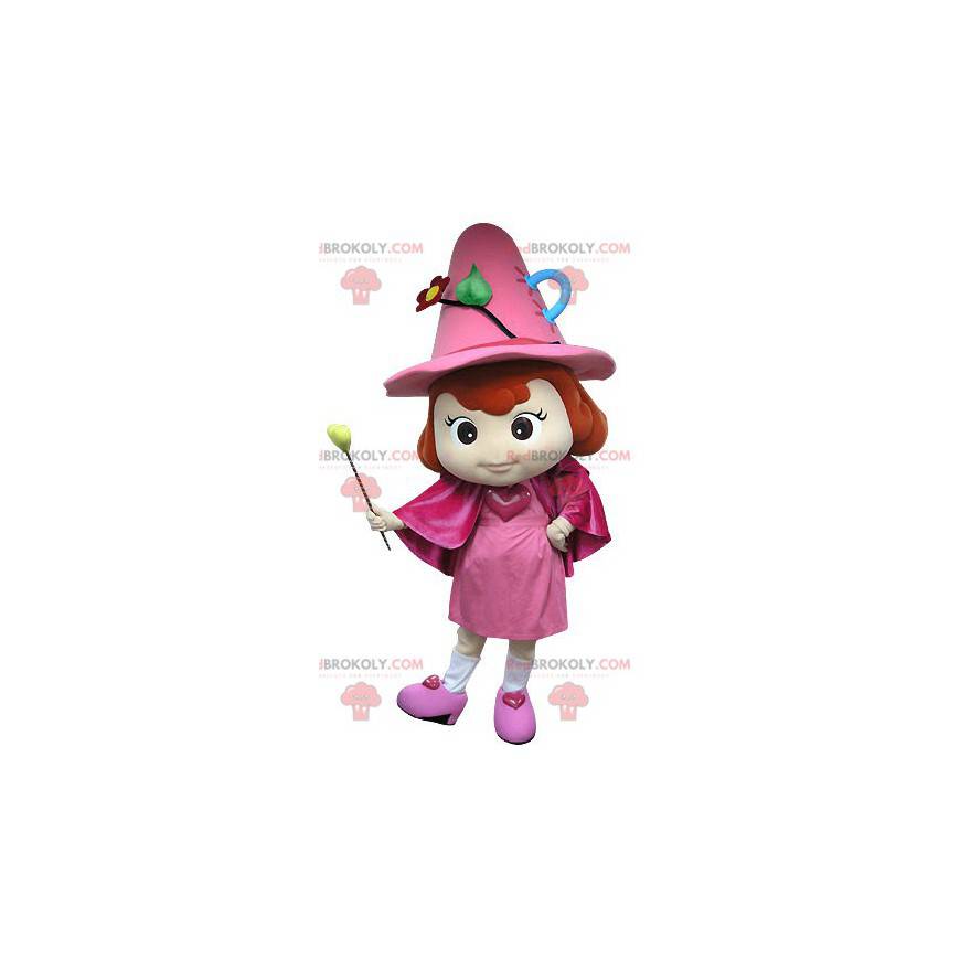 Mascote da fada rosa com um chapéu e uma varinha -