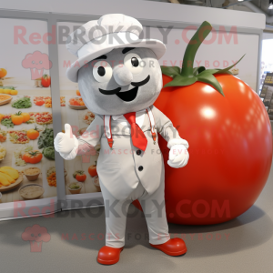 Silver Tomato mascot costume character dressed with a Culottes and Suspenders