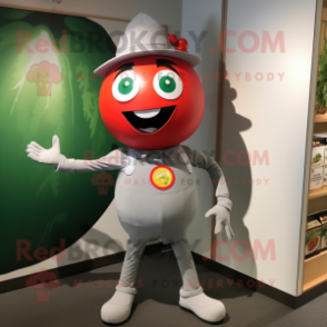 Silver Tomato mascot costume character dressed with a Culottes and Suspenders