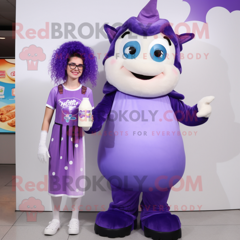 Purple Bottle Of Milk mascot costume character dressed with a Jumpsuit and Hair clips Purple Bottle Of Milk mascot costume character dressed with a Jumpsuit and Hair clips