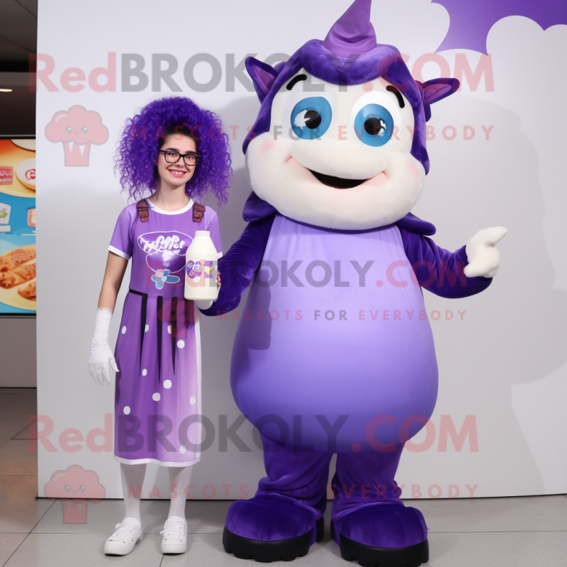 Purple Bottle Of Milk mascot costume character dressed with a Jumpsuit and Hair clips