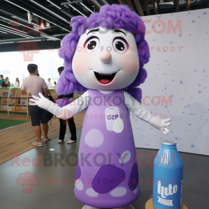 Purple Bottle Of Milk mascot costume character dressed with a Jumpsuit and Hair clips