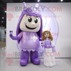 Purple Bottle Of Milk mascot costume character dressed with a Jumpsuit and Hair clips