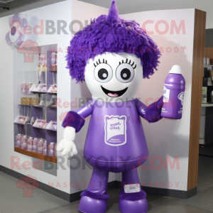 Purple Bottle Of Milk mascot costume character dressed with a Jumpsuit and Hair clips