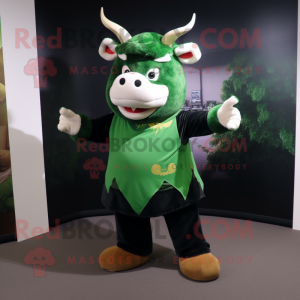 Forest Green Bull mascot costume character dressed with a Wrap Skirt and Mittens