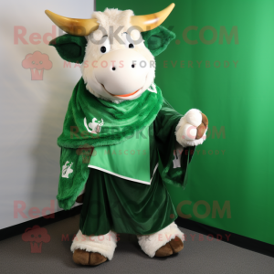Forest Green Bull mascot costume character dressed with a Wrap Skirt and Mittens