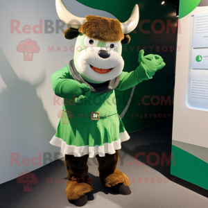 Forest Green Bull mascot costume character dressed with a Wrap Skirt and Mittens