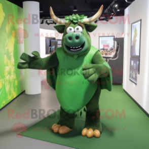 Forest Green Bull mascot costume character dressed with a Wrap Skirt and Mittens