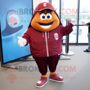 Maroon Hamburger mascot costume character dressed with a Windbreaker and Anklets