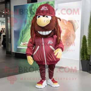 Maroon Hamburger mascot costume character dressed with a Windbreaker and Anklets