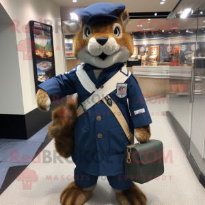 Navy Mongoose mascot costume character dressed with a Cardigan and Messenger bags