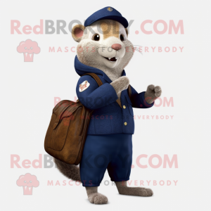 Navy Mongoose mascot costume character dressed with a Cardigan and Messenger bags