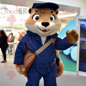 Navy Mongoose mascot costume character dressed with a Cardigan and Messenger bags