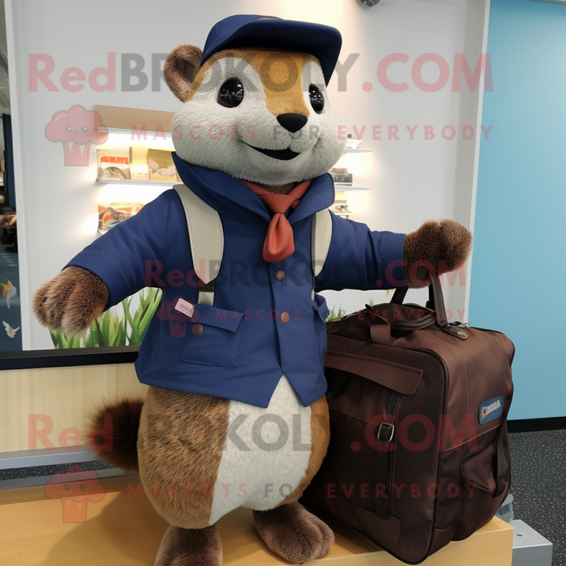 Navy Mongoose mascot costume character dressed with a Cardigan and Messenger bags