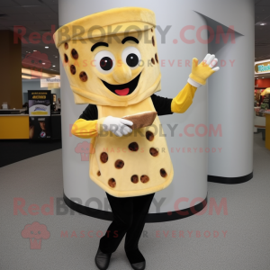 Gold Pizza Slice mascot costume character dressed with a Pencil Skirt and Gloves