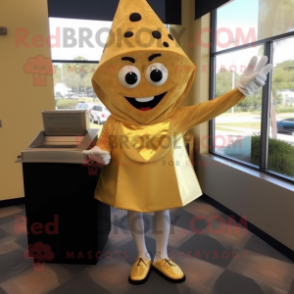 Gold Pizza Slice mascot costume character dressed with a Pencil Skirt and Gloves
