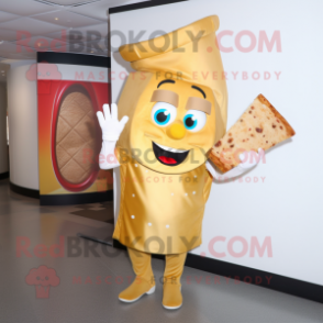 Gold Pizza Slice mascot costume character dressed with a Pencil Skirt and Gloves