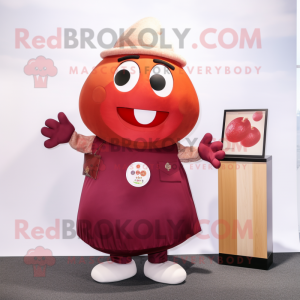 Maroon Apricot mascot costume character dressed with a Blouse and Clutch bags