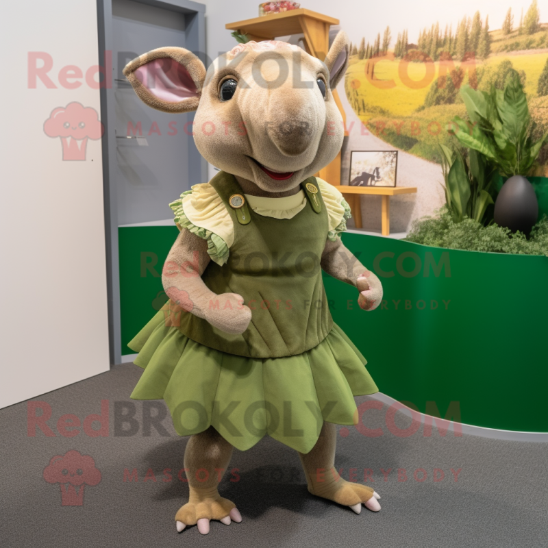 Olive Armadillo mascot costume character dressed with a Mini Skirt and Suspenders Olive Armadillo mascot costume character dressed with a Mini Skirt and Suspenders
