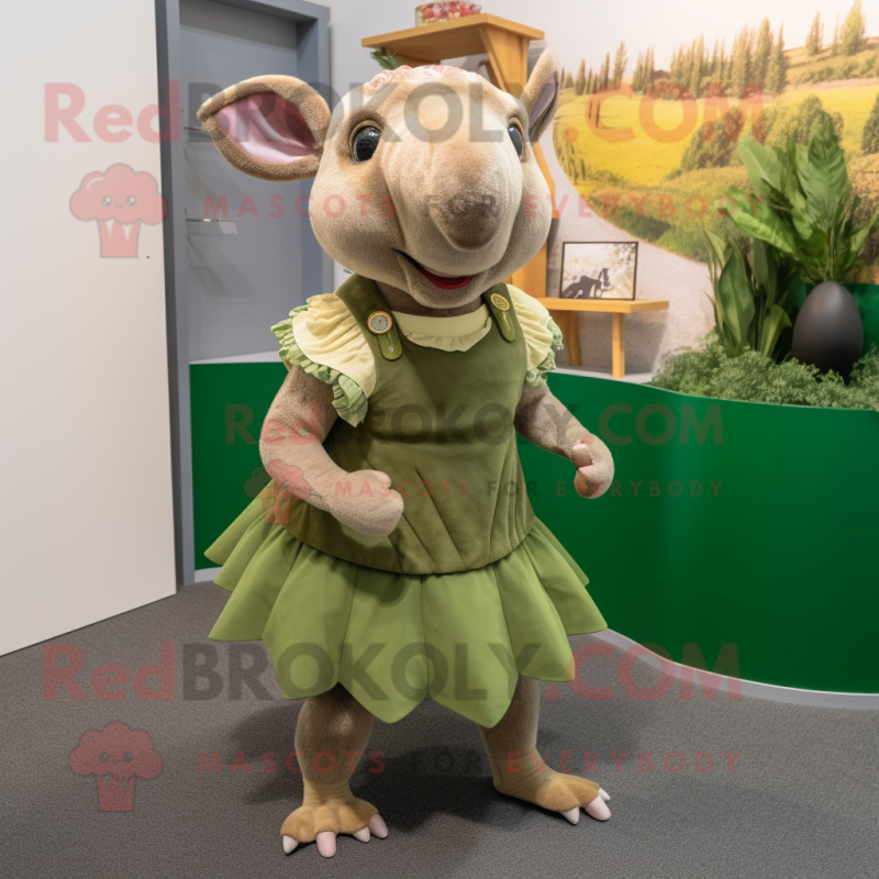 Olive Armadillo mascot costume character dressed with a Mini Skirt and Suspenders