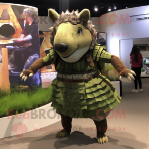 Olive Armadillo mascot costume character dressed with a Mini Skirt and Suspenders