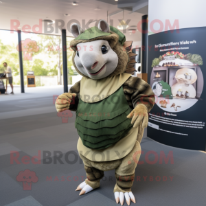 Olive Armadillo mascot costume character dressed with a Mini Skirt and Suspenders