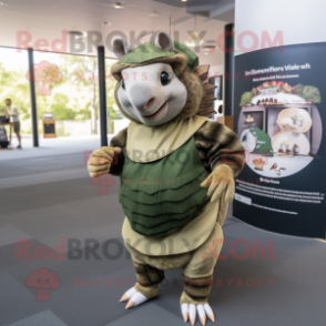Olive Armadillo mascot costume character dressed with a Mini Skirt and Suspenders