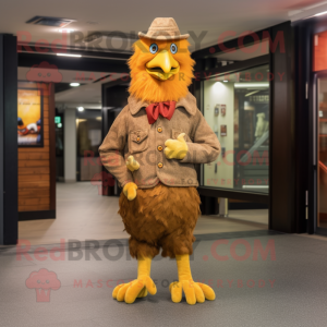 Brown Chicken mascot costume character dressed with a Jeggings and Cufflinks