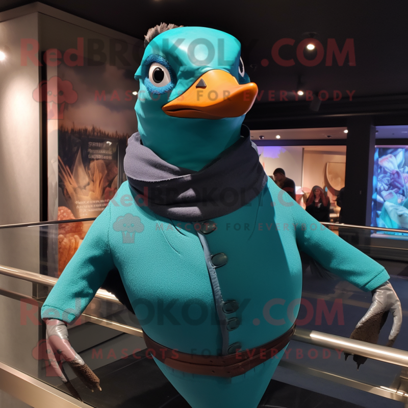 Teal Passenger Pigeon mascot costume character dressed with a Turtleneck and Wraps