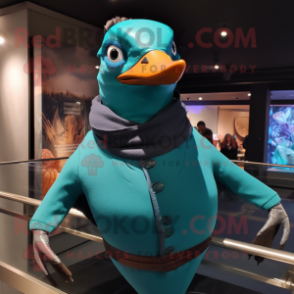 Teal Passenger Pigeon mascot costume character dressed with a Turtleneck and Wraps