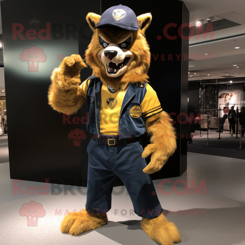 Gold Werewolf mascot costume character dressed with a Jeans and Berets