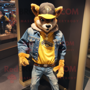 Gold Werewolf mascot costume character dressed with a Jeans and Berets