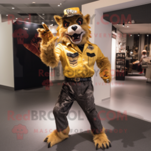 Gold Werewolf mascot costume character dressed with a Jeans and Berets