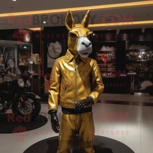 Gold Donkey mascot costume character dressed with a Biker Jacket and Handbags
