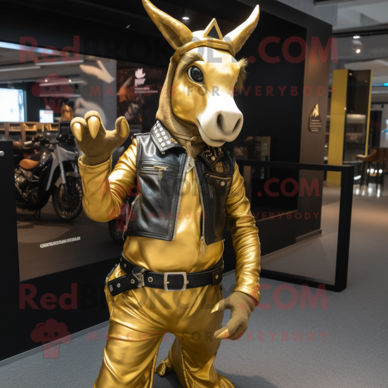 Gold Donkey mascot costume character dressed with a Biker Jacket and Handbags