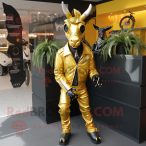 Gold Donkey mascot costume character dressed with a Biker Jacket and Handbags