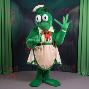 Forest Green Lobster Bisque mascot costume character dressed with a Wrap Skirt and Lapel pins