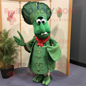 Forest Green Lobster Bisque mascot costume character dressed with a Wrap Skirt and Lapel pins
