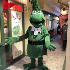 Forest Green Lobster Bisque mascot costume character dressed with a Wrap Skirt and Lapel pins